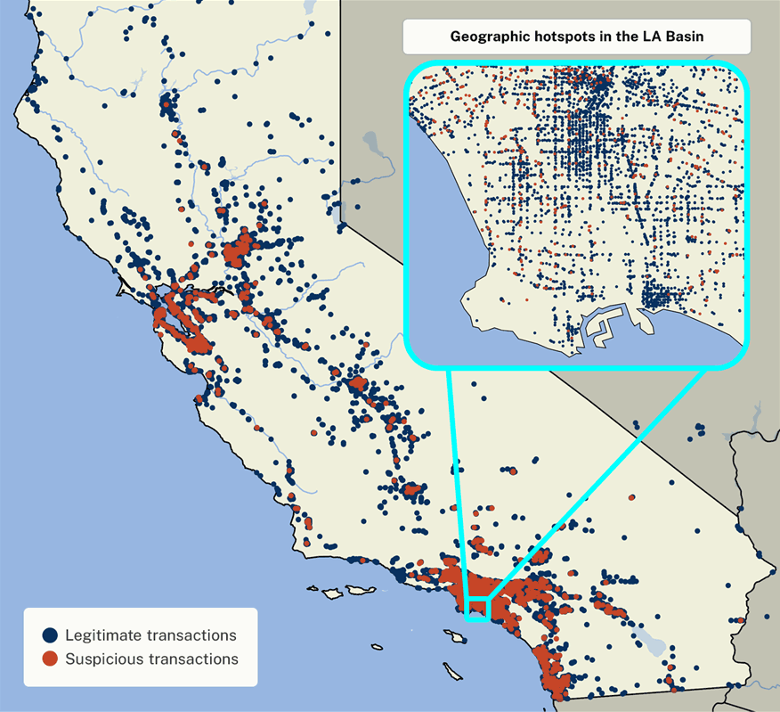 Map of California, showing suspicious transactions clustered around the Bay Area, Sacramento, Los Angeles, and San Diego